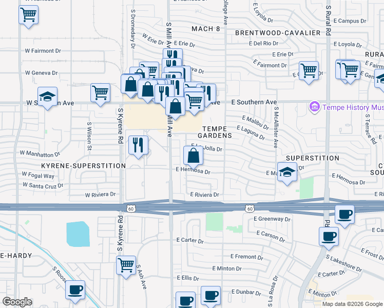 map of restaurants, bars, coffee shops, grocery stores, and more near 116 East La Jolla Drive in Tempe