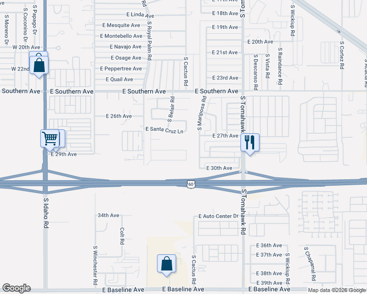 map of restaurants, bars, coffee shops, grocery stores, and more near 1093 East Santa Cruz Lane in Apache Junction