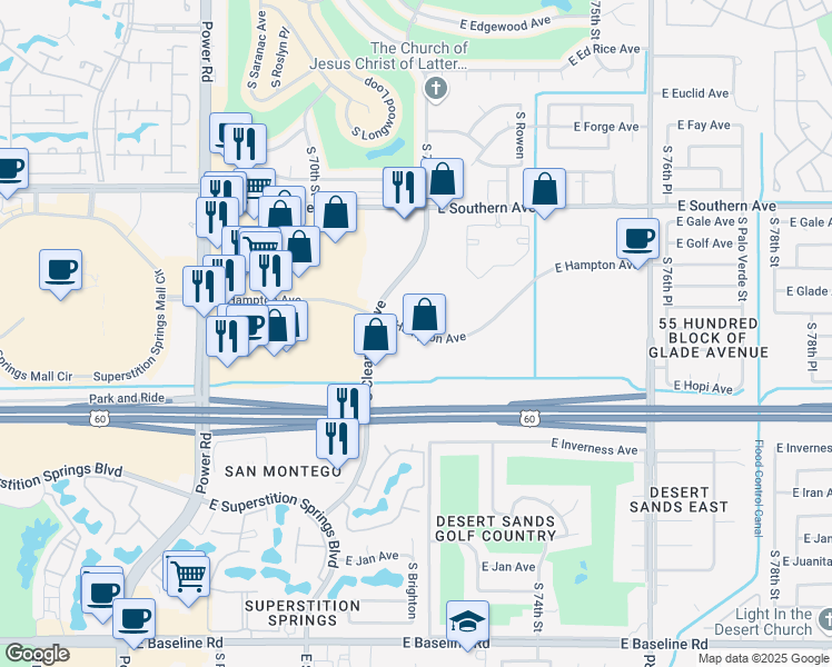 map of restaurants, bars, coffee shops, grocery stores, and more near East Hampton Avenue in Mesa