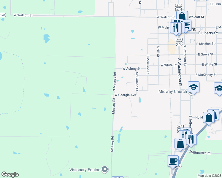 map of restaurants, bars, coffee shops, grocery stores, and more near 11975 Massey Road in Pilot Point