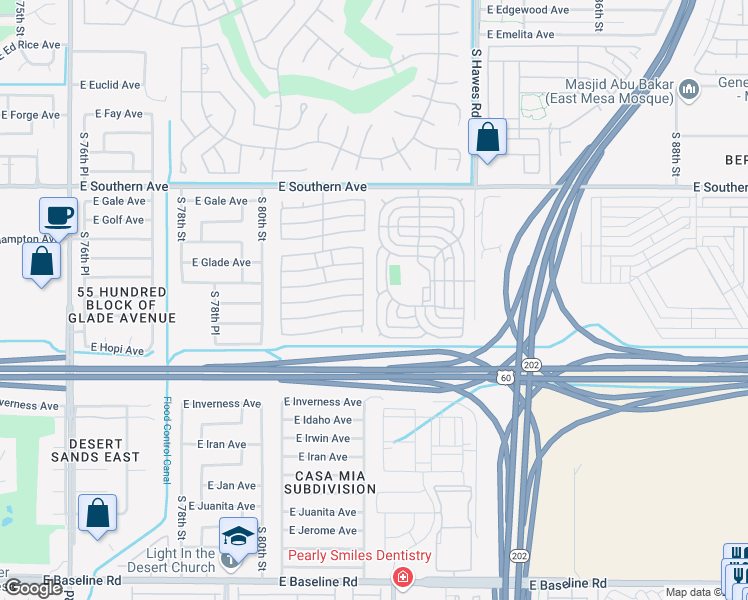 map of restaurants, bars, coffee shops, grocery stores, and more near South Silveridge Rv Resort in Mesa