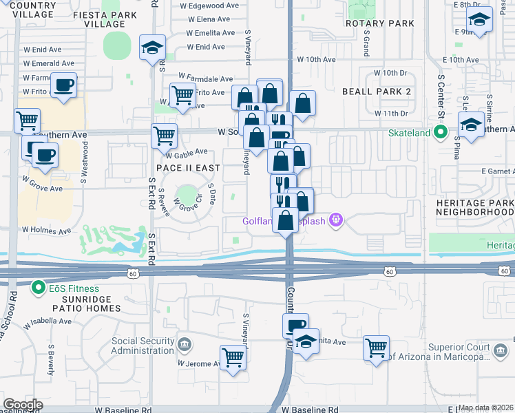 map of restaurants, bars, coffee shops, grocery stores, and more near 1363 S Vineyard in Mesa