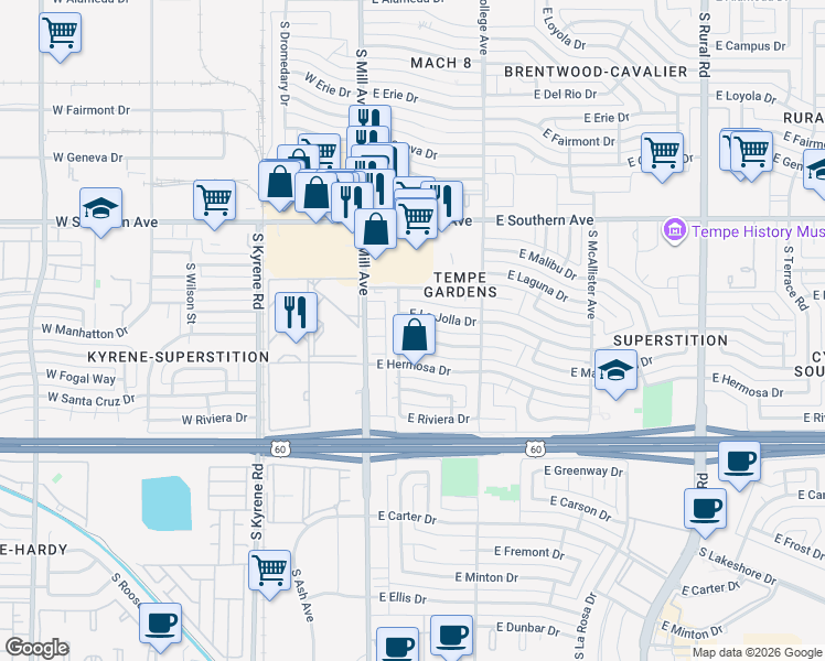 map of restaurants, bars, coffee shops, grocery stores, and more near 116 East La Jolla Drive in Tempe
