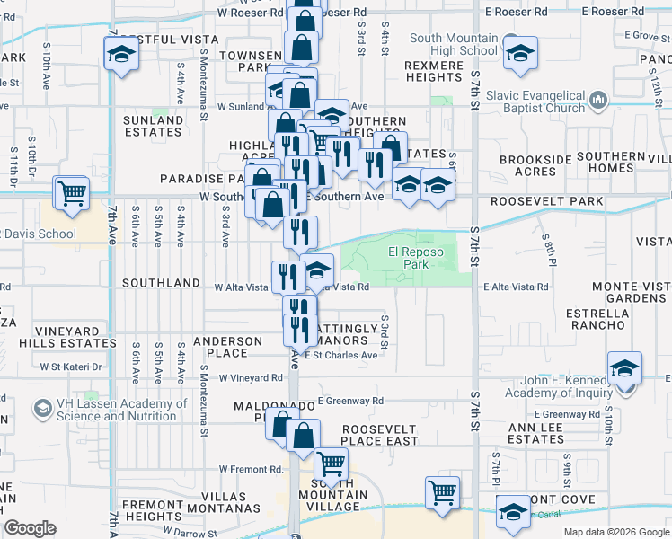 map of restaurants, bars, coffee shops, grocery stores, and more near 6212 South 2nd Street in Phoenix