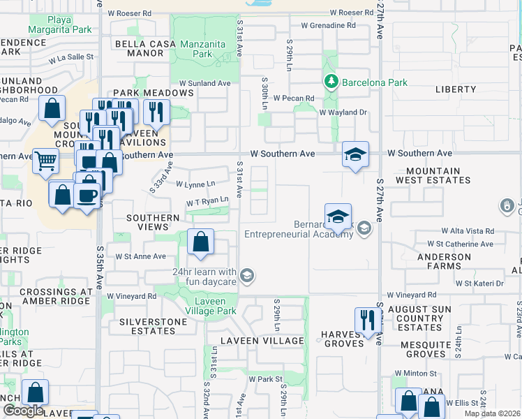 map of restaurants, bars, coffee shops, grocery stores, and more near 3024 West T Ryan Lane in Phoenix