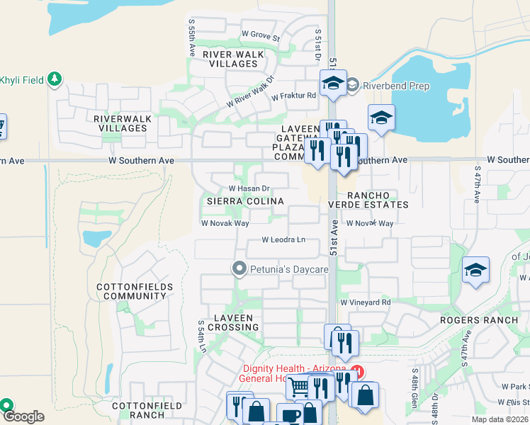 map of restaurants, bars, coffee shops, grocery stores, and more near 5310 West T Ryan Lane in Phoenix