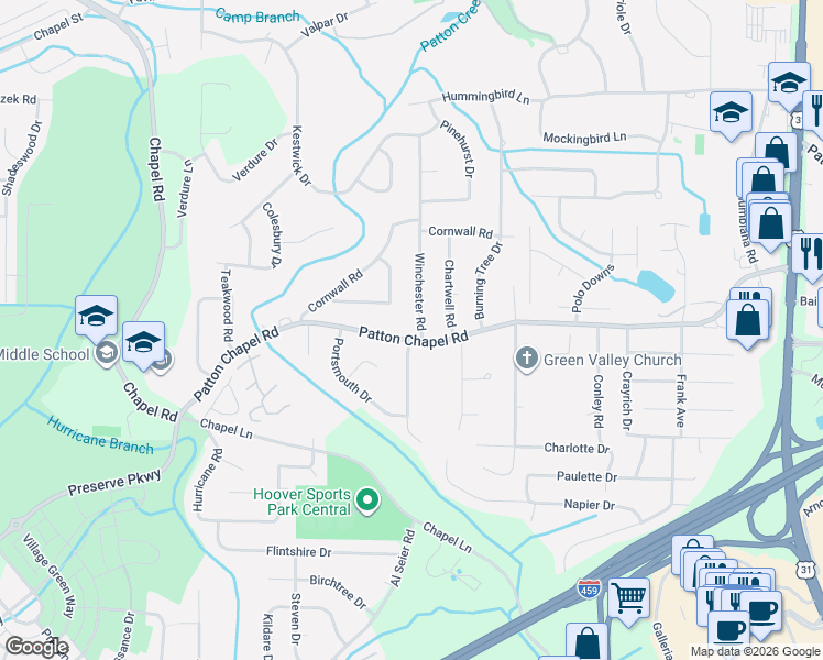 map of restaurants, bars, coffee shops, grocery stores, and more near 3324 Winchester Road in Birmingham