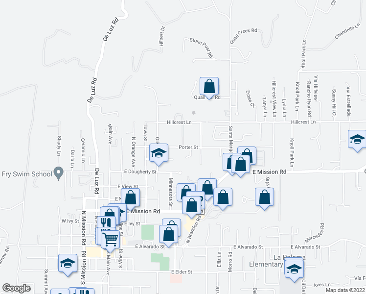 map of restaurants, bars, coffee shops, grocery stores, and more near Porter Street & Salt Air Lane in Fallbrook