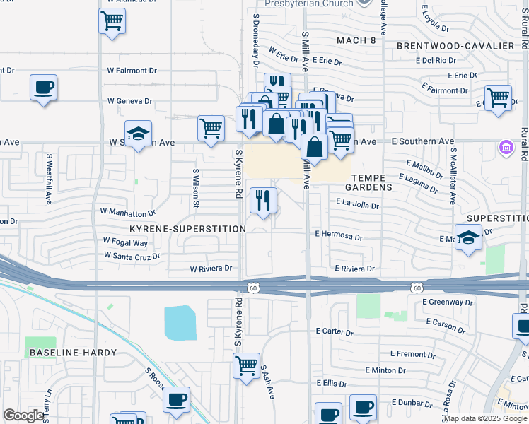 map of restaurants, bars, coffee shops, grocery stores, and more near 200 West Hermosa Drive in Tempe