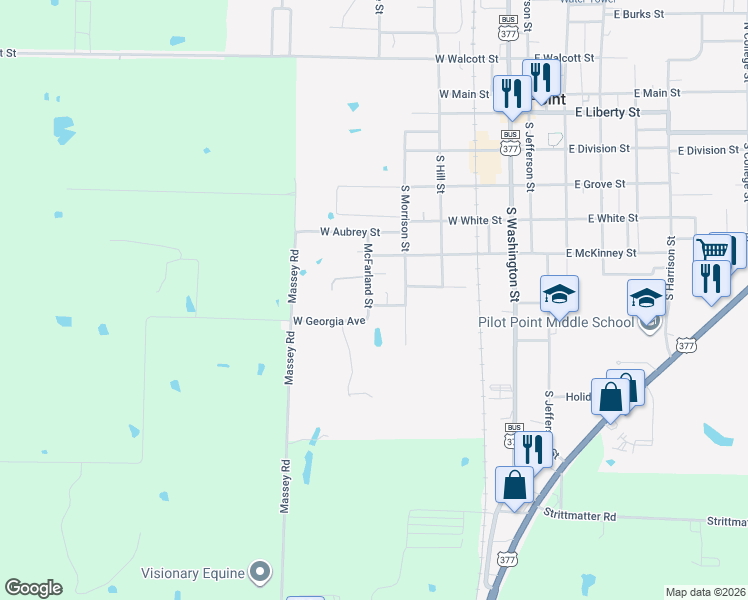 map of restaurants, bars, coffee shops, grocery stores, and more near 701 McFarland Street in Pilot Point