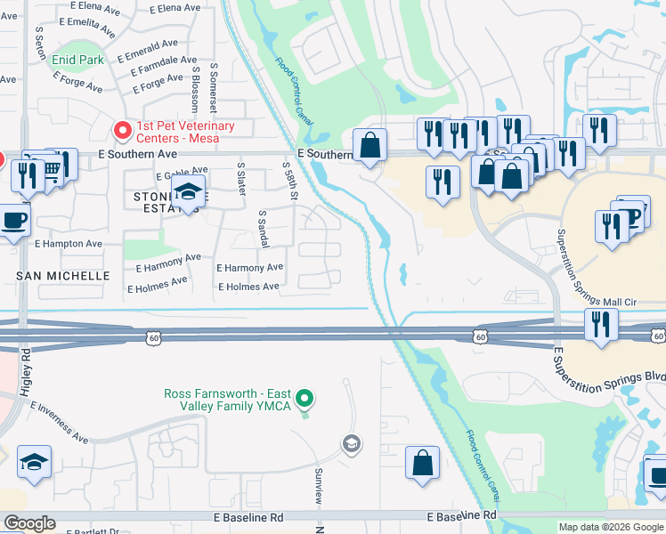 map of restaurants, bars, coffee shops, grocery stores, and more near 5854 East Harmony Avenue in Mesa
