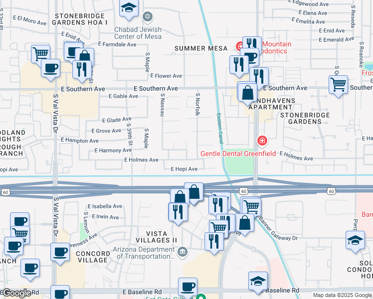 map of restaurants, bars, coffee shops, grocery stores, and more near South Norwalk Circle in Mesa