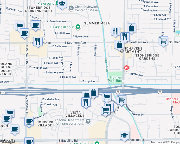 map of restaurants, bars, coffee shops, grocery stores, and more near South Norwalk Circle in Mesa
