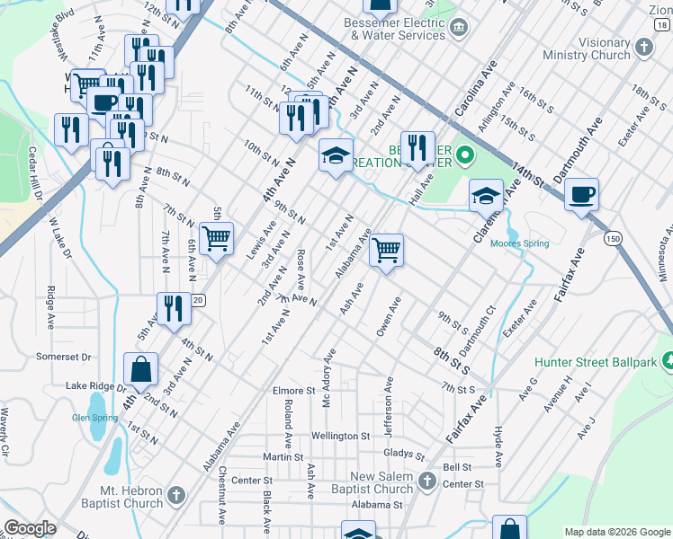 map of restaurants, bars, coffee shops, grocery stores, and more near 818 Alabama Avenue in Bessemer