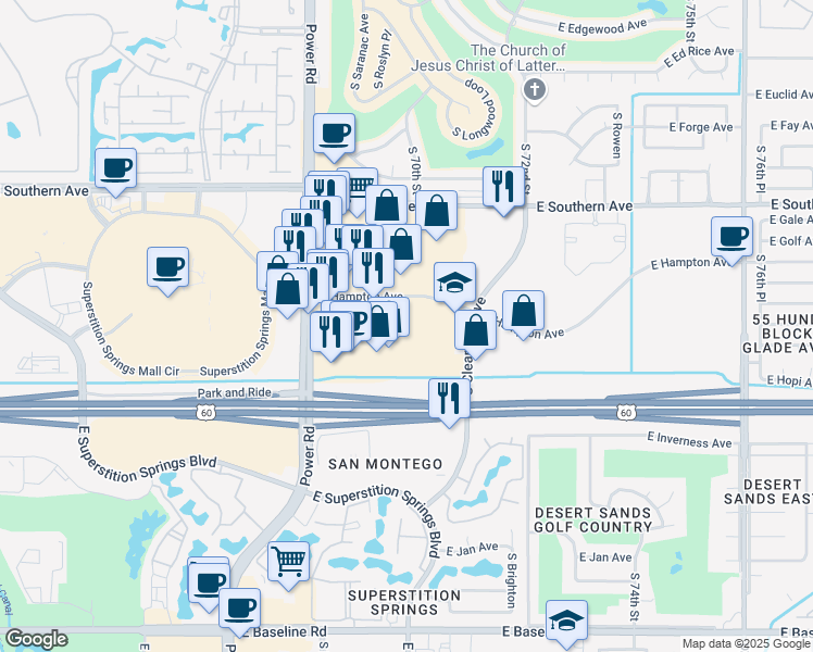 map of restaurants, bars, coffee shops, grocery stores, and more near 6983-6999 E Hampton Ave in Mesa