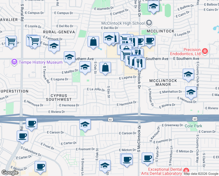 map of restaurants, bars, coffee shops, grocery stores, and more near 3509 South Elm Street in Tempe