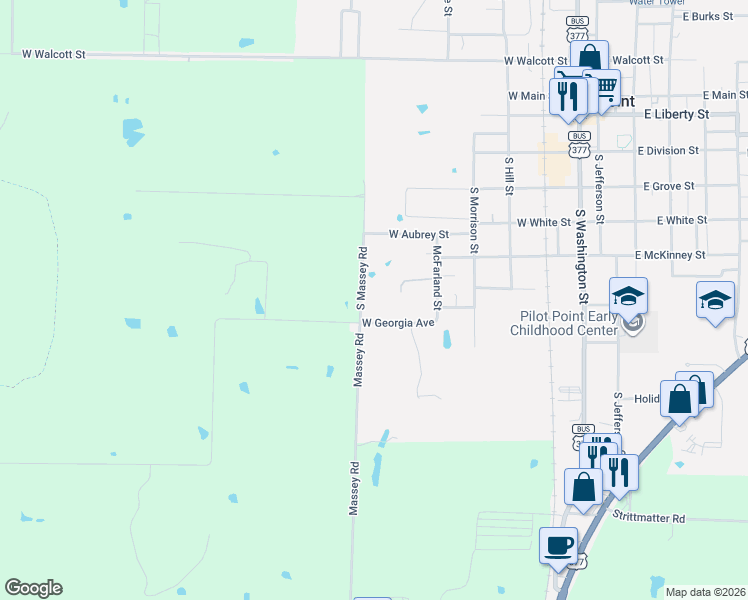 map of restaurants, bars, coffee shops, grocery stores, and more near 12580 South Massey Road in Pilot Point