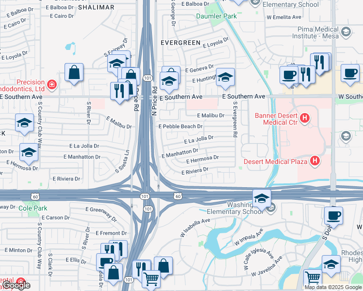 map of restaurants, bars, coffee shops, grocery stores, and more near 3632 South George Drive in Tempe