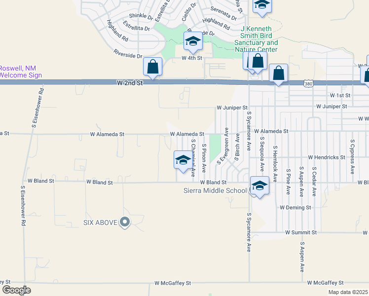 map of restaurants, bars, coffee shops, grocery stores, and more near 411 South Saucedo Avenue in Roswell