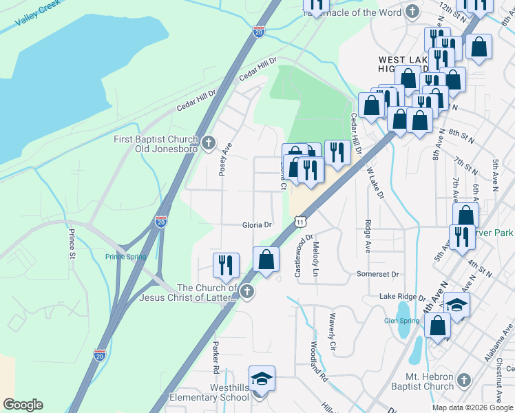 map of restaurants, bars, coffee shops, grocery stores, and more near 1055 Barclay Drive in Bessemer