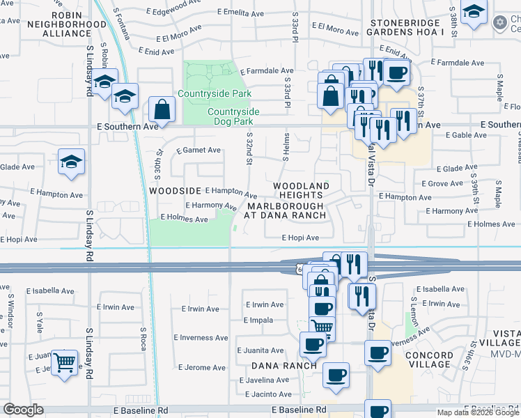 map of restaurants, bars, coffee shops, grocery stores, and more near 1402 South almar Circle in Mesa