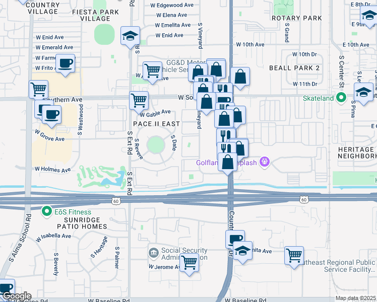 map of restaurants, bars, coffee shops, grocery stores, and more near 1362 South Vineyard in Mesa