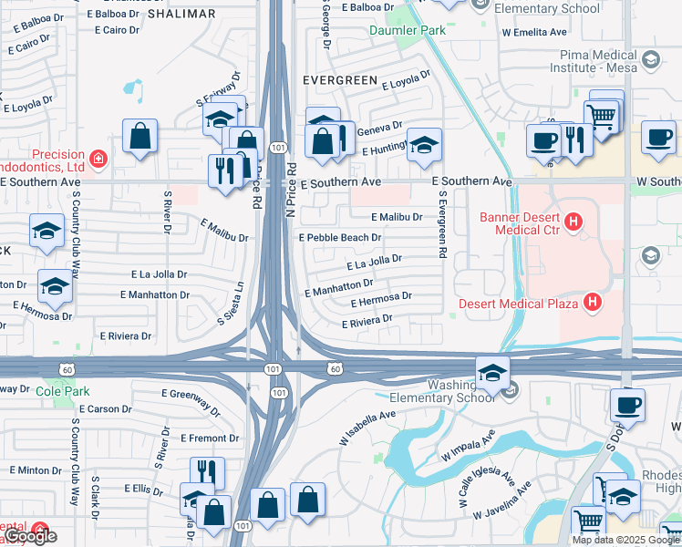 map of restaurants, bars, coffee shops, grocery stores, and more near 3632 South George Drive in Tempe