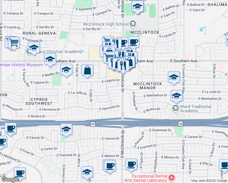 map of restaurants, bars, coffee shops, grocery stores, and more near 1724 East Pebble Beach Drive in Tempe