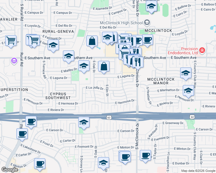 map of restaurants, bars, coffee shops, grocery stores, and more near 3509 South Elm Street in Tempe