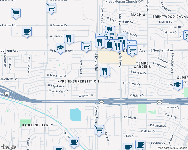 map of restaurants, bars, coffee shops, grocery stores, and more near 302 West La Jolla Drive in Tempe