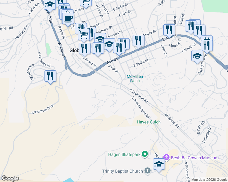 map of restaurants, bars, coffee shops, grocery stores, and more near 778 South Buena Vista in Globe