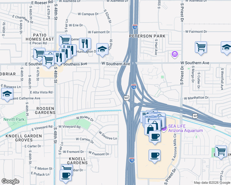 map of restaurants, bars, coffee shops, grocery stores, and more near Coronado in Tempe
