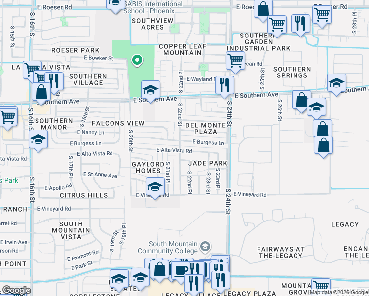 map of restaurants, bars, coffee shops, grocery stores, and more near 2222 East Burgess Lane in Phoenix