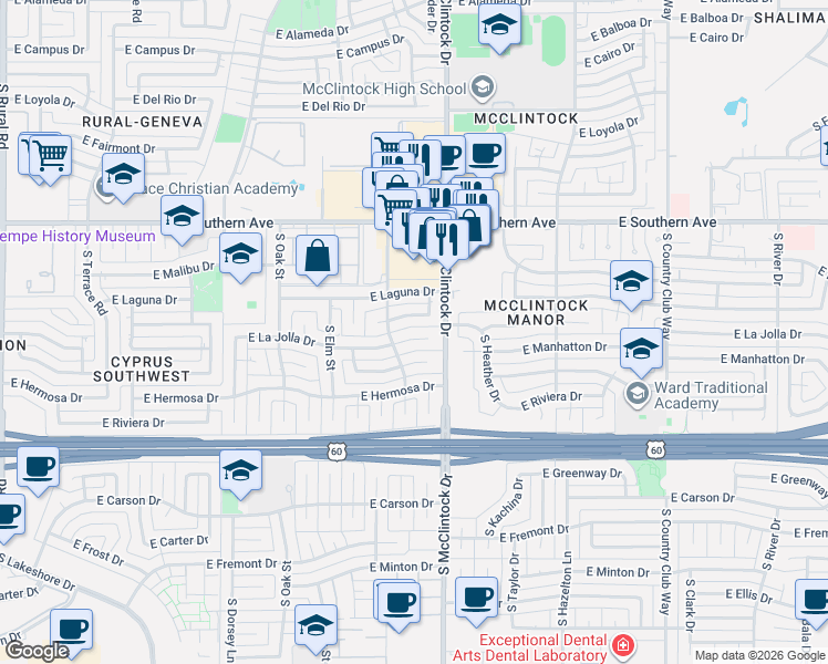 map of restaurants, bars, coffee shops, grocery stores, and more near 1724 East Pebble Beach Drive in Tempe