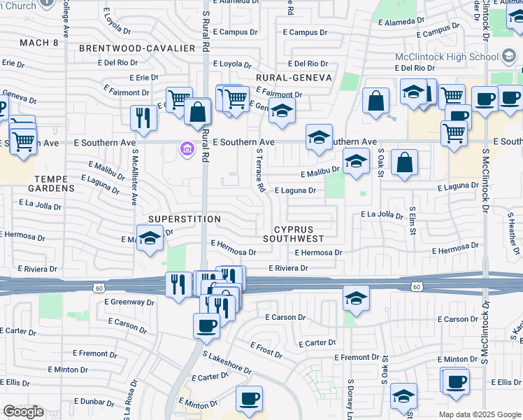 map of restaurants, bars, coffee shops, grocery stores, and more near 1051 East Laguna Drive in Tempe
