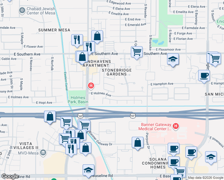 map of restaurants, bars, coffee shops, grocery stores, and more near 4542 East Harmony Avenue in Mesa
