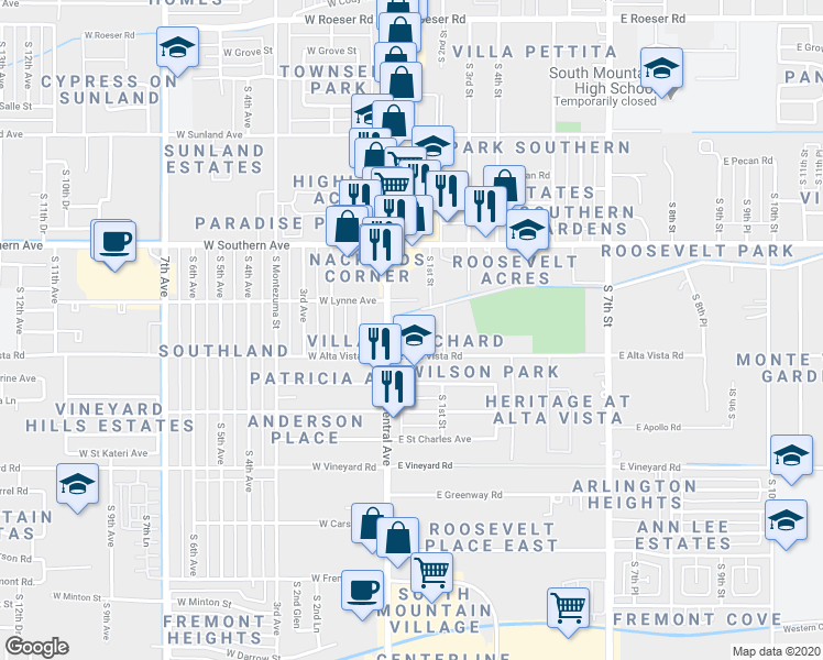 map of restaurants, bars, coffee shops, grocery stores, and more near 6232 South 1st Street in Phoenix