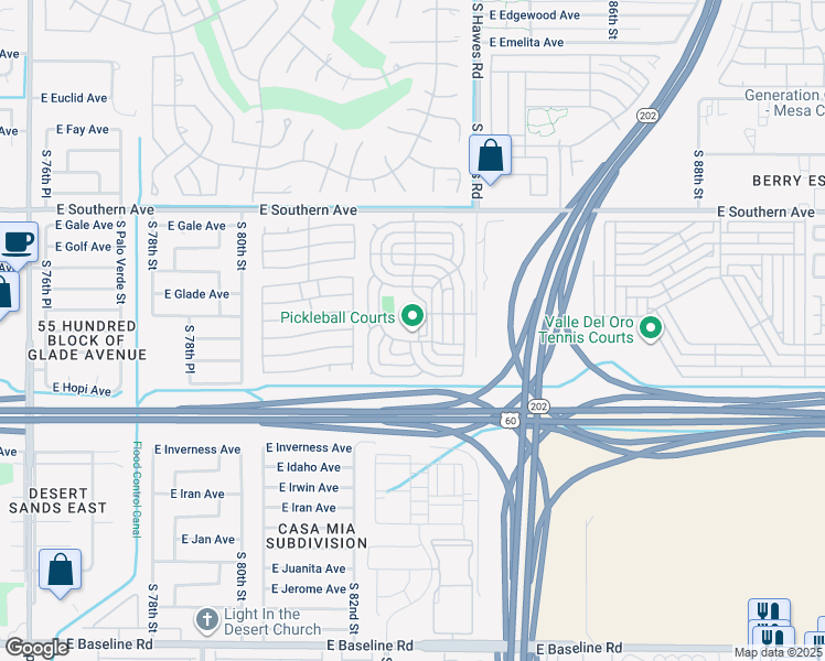 map of restaurants, bars, coffee shops, grocery stores, and more near 8265 East Southern Avenue in Mesa