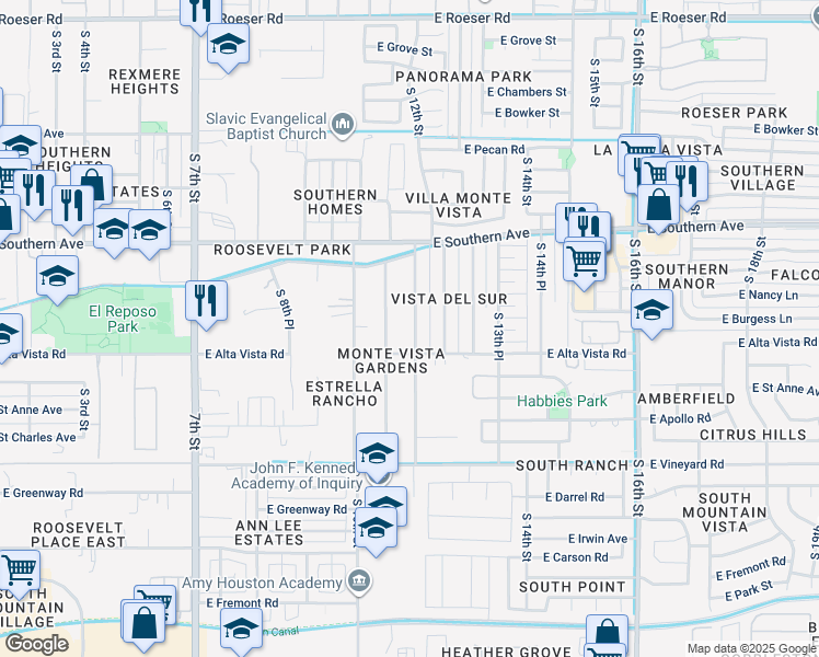 map of restaurants, bars, coffee shops, grocery stores, and more near 6228 South 12th Street in Phoenix