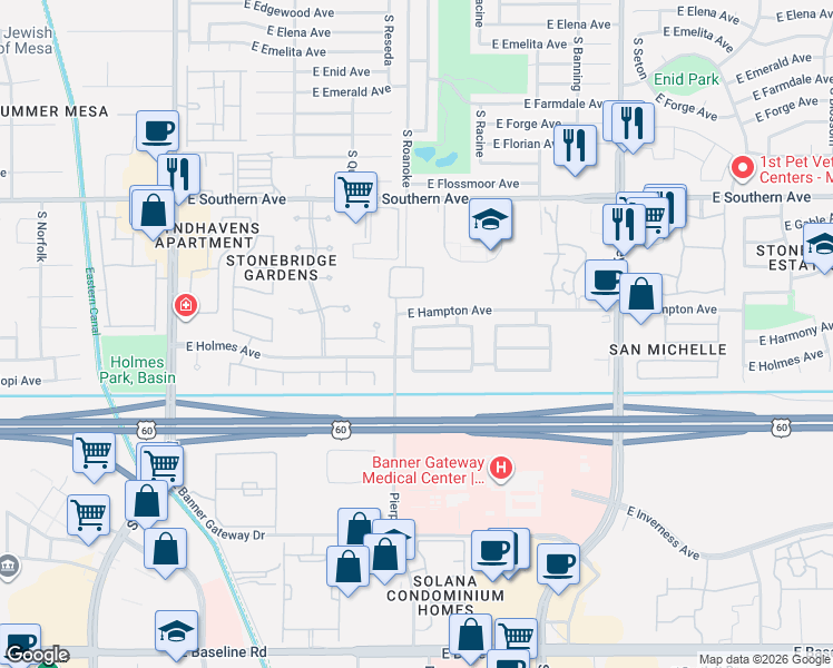 map of restaurants, bars, coffee shops, grocery stores, and more near 4812 East Harmony Avenue in Mesa