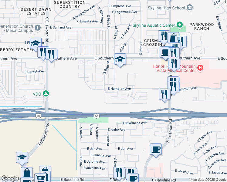 map of restaurants, bars, coffee shops, grocery stores, and more near 1247 South 96th Street in Mesa
