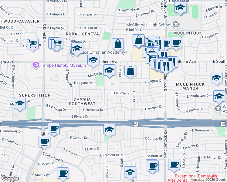 map of restaurants, bars, coffee shops, grocery stores, and more near 1324 East La Jolla Drive in Tempe