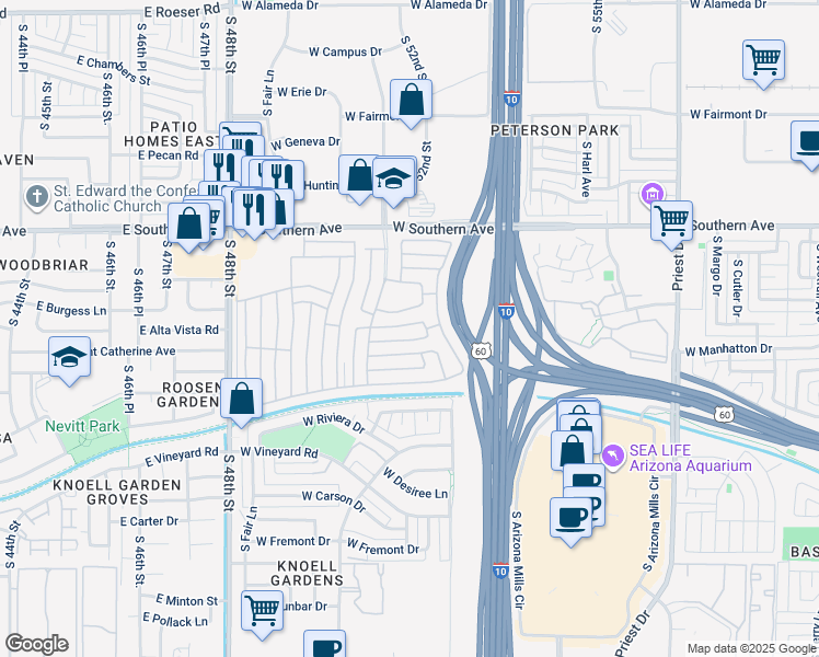 map of restaurants, bars, coffee shops, grocery stores, and more near 2401 West Southern Avenue in Tempe