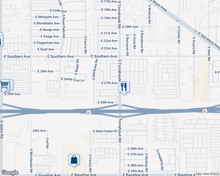 map of restaurants, bars, coffee shops, grocery stores, and more near 1551 East 27th Avenue in Apache Junction
