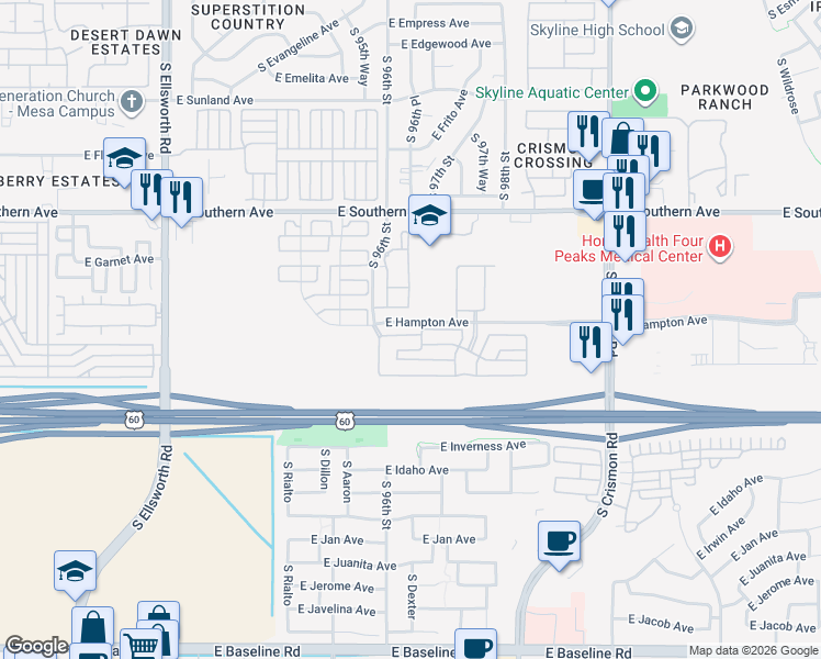 map of restaurants, bars, coffee shops, grocery stores, and more near 9652 East Hampton Avenue in Mesa