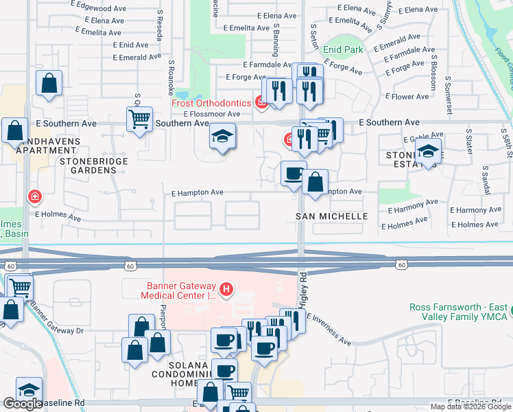 map of restaurants, bars, coffee shops, grocery stores, and more near 5066 East Harmony Avenue in Mesa