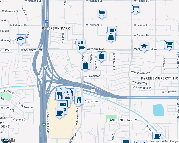 map of restaurants, bars, coffee shops, grocery stores, and more near 3803 South Priest Drive in Tempe