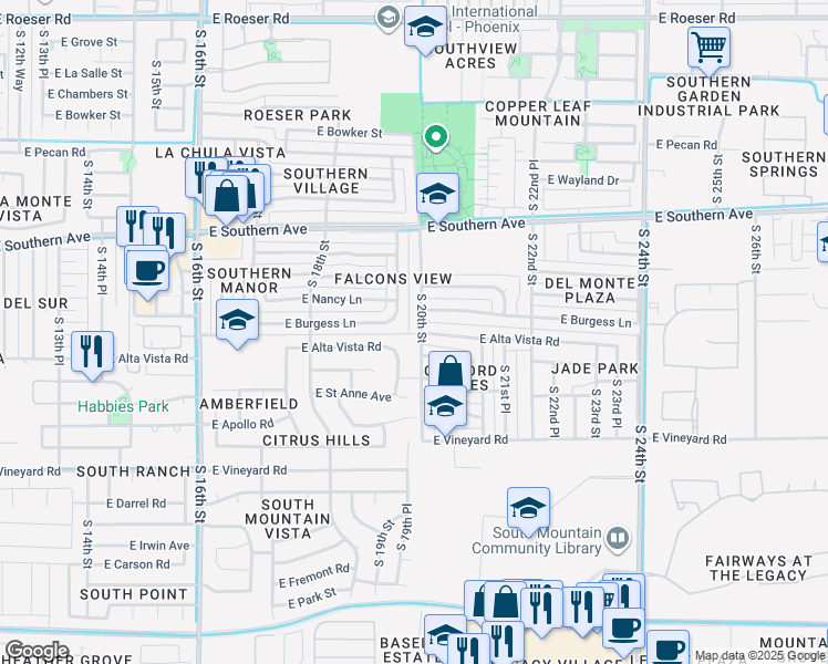 map of restaurants, bars, coffee shops, grocery stores, and more near 6213 South 19th Place in Phoenix