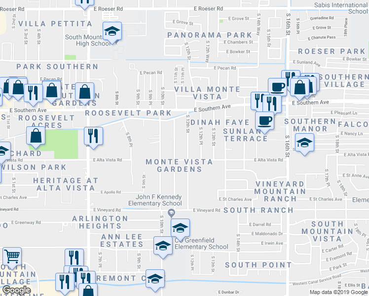 map of restaurants, bars, coffee shops, grocery stores, and more near 6208 South 12th Street in Phoenix