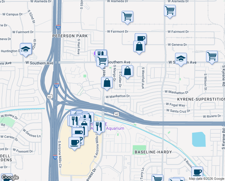 map of restaurants, bars, coffee shops, grocery stores, and more near 3803 South Priest Drive in Tempe